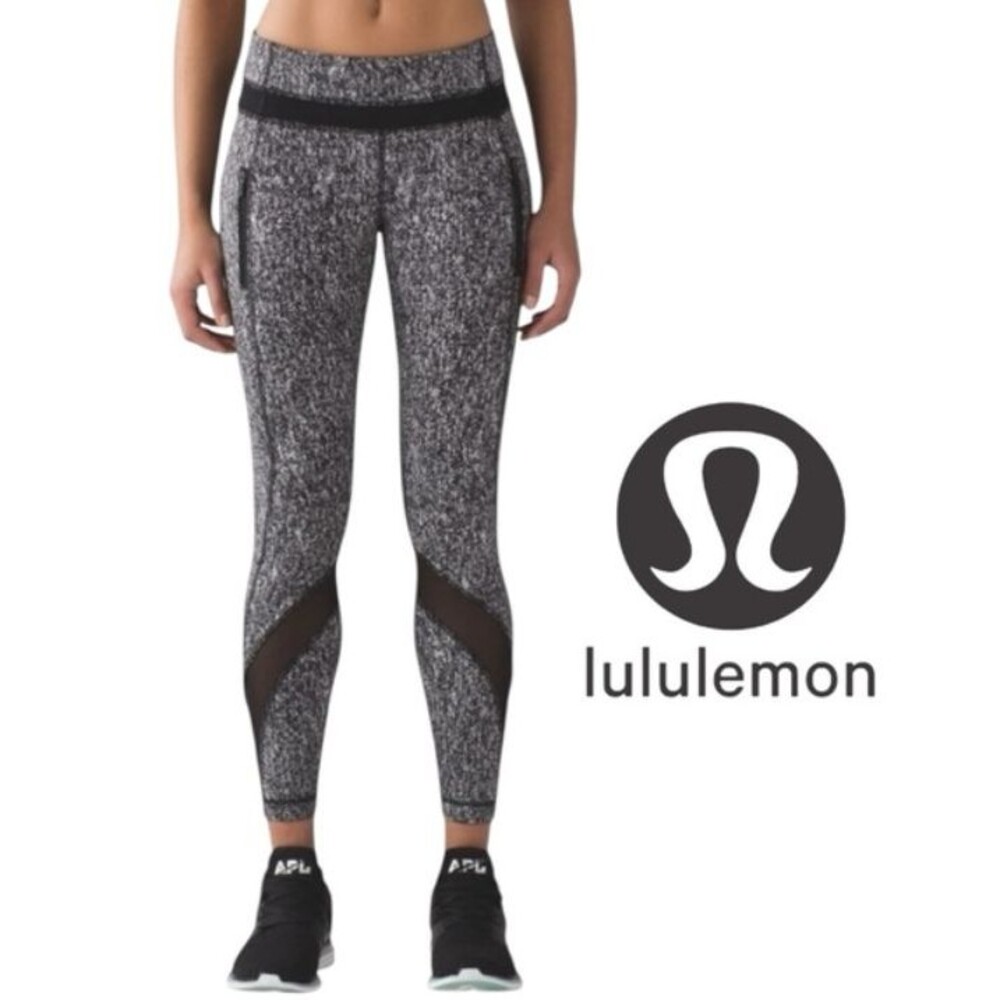 Lululemon Inspire Tight II Women 6 Splatter Black Mesh Zipper Pockets 25" Yoga